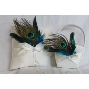  Peacock Feathers and Sparkling Brooch Flower Girl Basket 