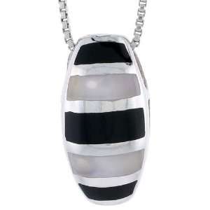 Sterling Silver Striped Oval Slider Shell Pendant, w/ Black & White 