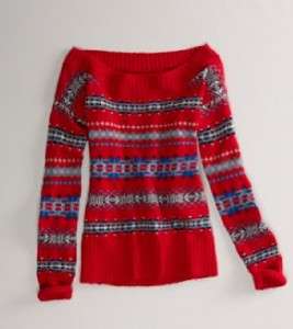 American Eagle~ Womens RED Fair Isle Off Shoulder Sweater XS S M L XL 