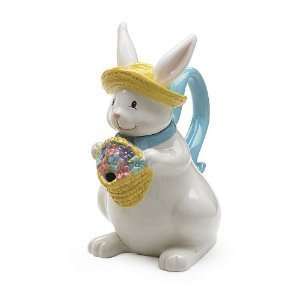 Adorable Bunny/Rabbit Teapot With Straw Hat And Flower Basket Great 