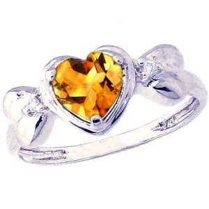   White Gold Ribbon Designed Sweet Heart and Diamond Ring Citrine, size5