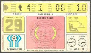 ARGENTINA SOCCER WORLD CUP 1978 TICKET # 29 USED  