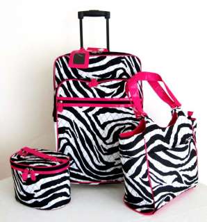   3pc Travel Set Bag Rolling Wheel Luggage Beauty Case Purse Zebra Pink