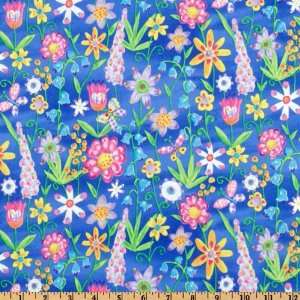  44 Wide Summer Splendor Whimsical Flowers Blue Fabric By 