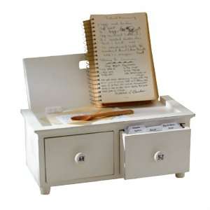  Antique White Wood Cookbook Stand with Recipe Card Drawers 